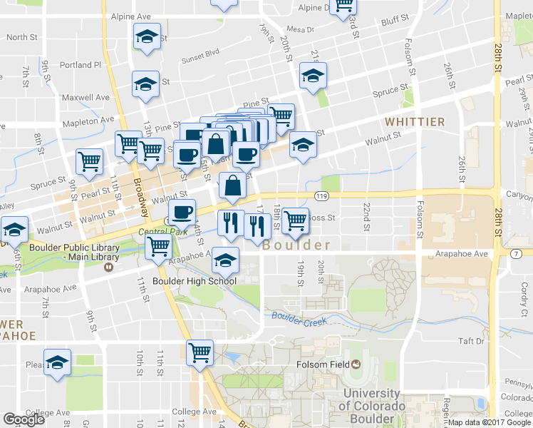 map of restaurants, bars, coffee shops, grocery stores, and more near in Boulder
