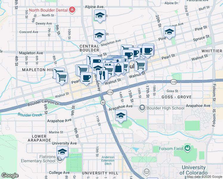 map of restaurants, bars, coffee shops, grocery stores, and more near in Boulder