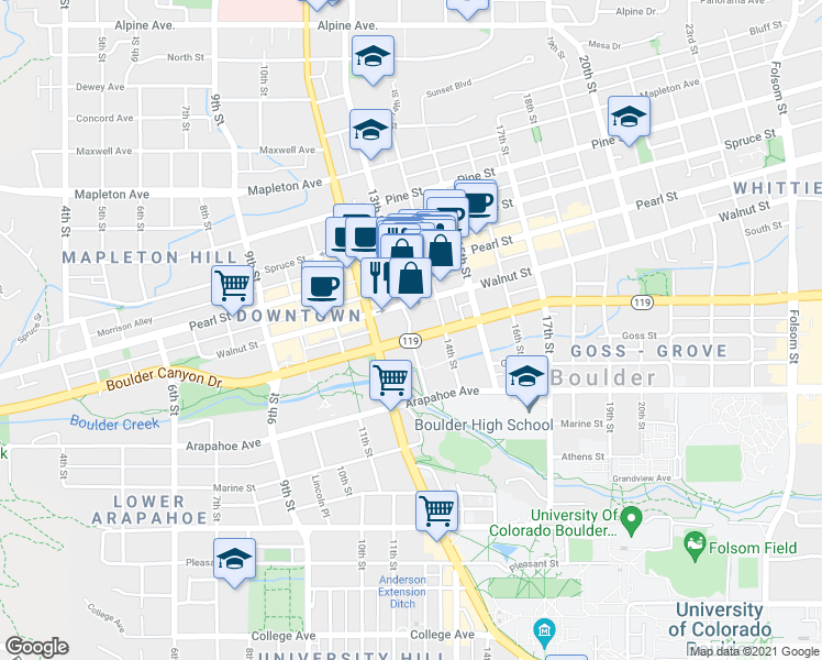 map of restaurants, bars, coffee shops, grocery stores, and more near in Boulder