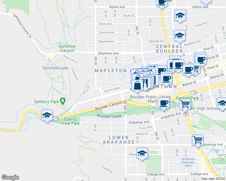 map of restaurants, bars, coffee shops, grocery stores, and more near 510 Bow Mountain Road in Boulder