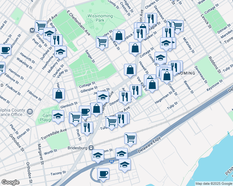 map of restaurants, bars, coffee shops, grocery stores, and more near 5519 Harbison Avenue in Philadelphia