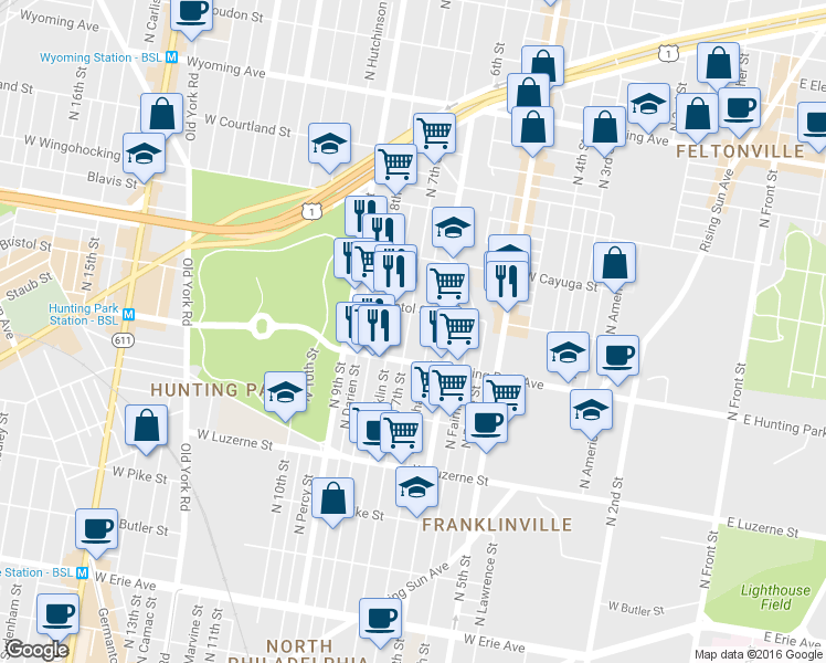 map of restaurants, bars, coffee shops, grocery stores, and more near 632 West Bristol Street in Philadelphia