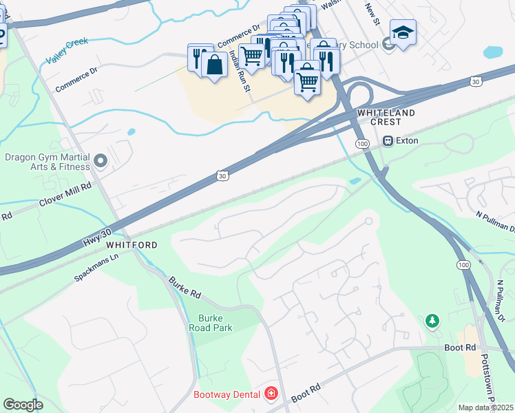 map of restaurants, bars, coffee shops, grocery stores, and more near 1494 Pottstown Park in Exton