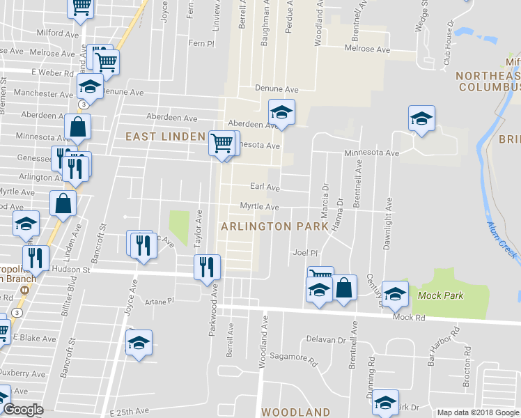 map of restaurants, bars, coffee shops, grocery stores, and more near 2145 Earl Avenue in Columbus