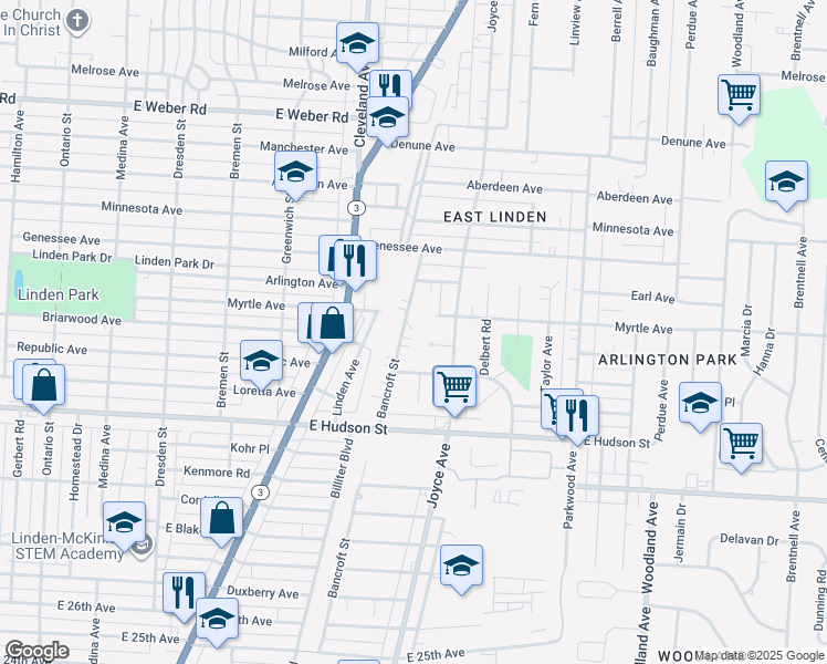 map of restaurants, bars, coffee shops, grocery stores, and more near 1812 Myrtle Avenue in Columbus