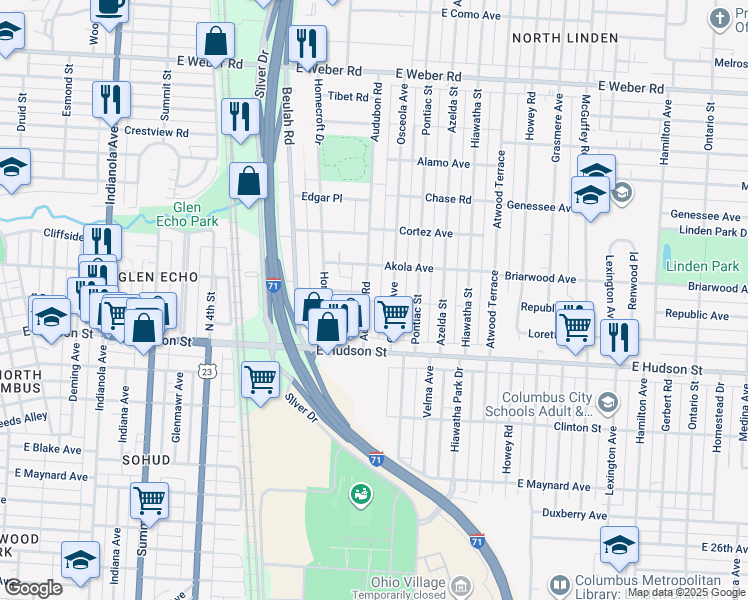 map of restaurants, bars, coffee shops, grocery stores, and more near 2564 Audubon Road in Columbus