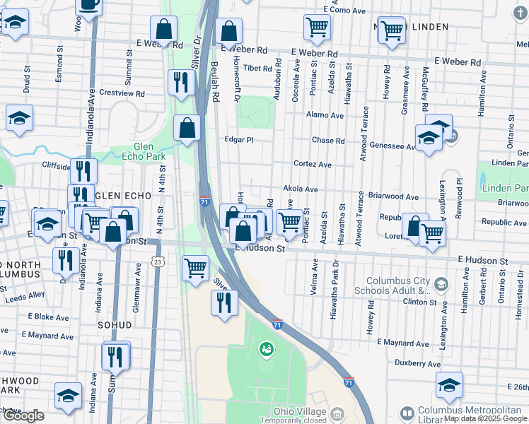 map of restaurants, bars, coffee shops, grocery stores, and more near 714 East Arcadia Avenue in Columbus