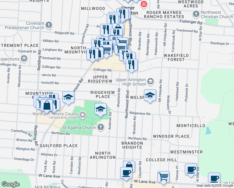 map of restaurants, bars, coffee shops, grocery stores, and more near 1767 Inchcliff Road in Columbus