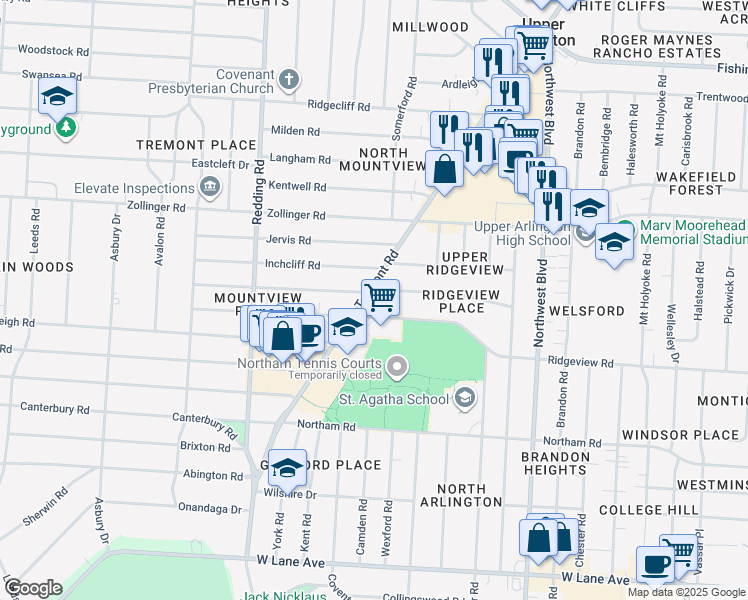 map of restaurants, bars, coffee shops, grocery stores, and more near 1934 Harwitch Road in Columbus