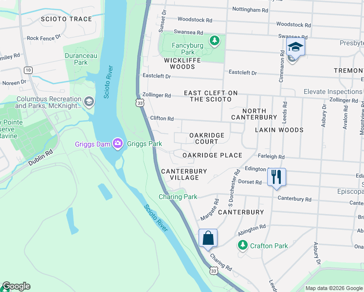 map of restaurants, bars, coffee shops, grocery stores, and more near 2828 Churchill Drive in Upper Arlington