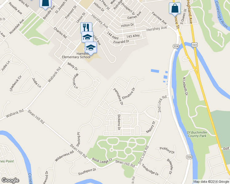 map of restaurants, bars, coffee shops, grocery stores, and more near 116 Pennshire Drive in Lancaster