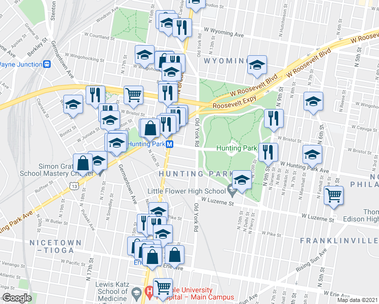 map of restaurants, bars, coffee shops, grocery stores, and more near 1310 West Hunting Park Avenue in Philadelphia