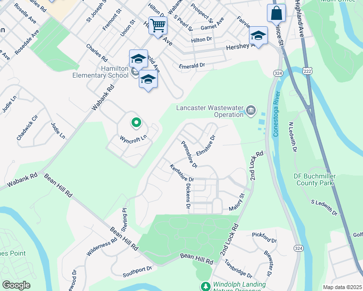 map of restaurants, bars, coffee shops, grocery stores, and more near 116 Pennshire Drive in Lancaster