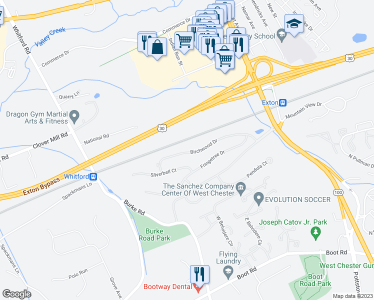 map of restaurants, bars, coffee shops, grocery stores, and more near 207 Birchwood Drive in West Chester