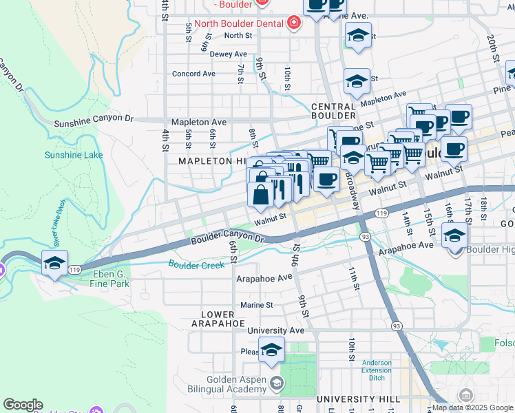 map of restaurants, bars, coffee shops, grocery stores, and more near 709-715 Pearl Street in Boulder