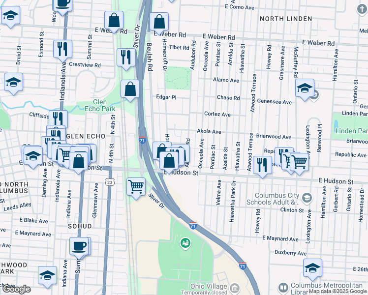 map of restaurants, bars, coffee shops, grocery stores, and more near 714 East Arcadia Avenue in Columbus