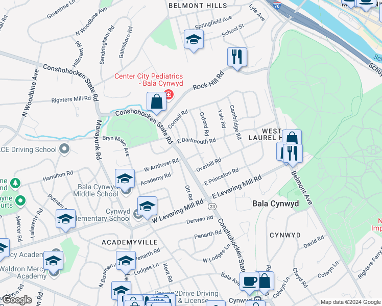 map of restaurants, bars, coffee shops, grocery stores, and more near 7 East Amherst Road in Bala Cynwyd
