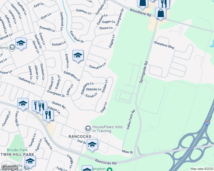 map of restaurants, bars, coffee shops, grocery stores, and more near 64 Ember Lane in Willingboro