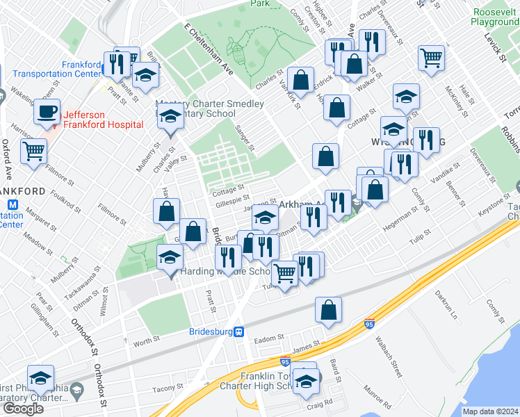 map of restaurants, bars, coffee shops, grocery stores, and more near 5307 Jackson Street in Philadelphia