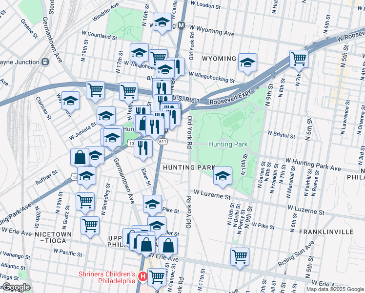 map of restaurants, bars, coffee shops, grocery stores, and more near 1310 West Hunting Park Avenue in Philadelphia