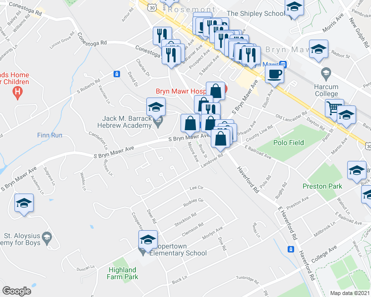 map of restaurants, bars, coffee shops, grocery stores, and more near 748 Moore Avenue in Bryn Mawr