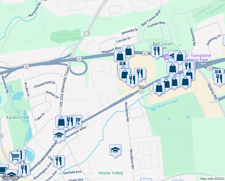 map of restaurants, bars, coffee shops, grocery stores, and more near 120 Azalea Drive in Downingtown