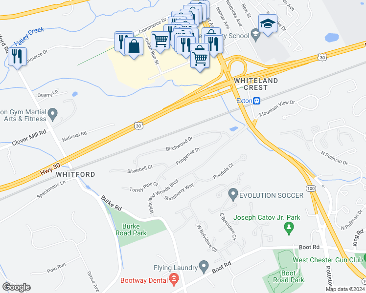 map of restaurants, bars, coffee shops, grocery stores, and more near 170 Birchwood Drive in West Chester