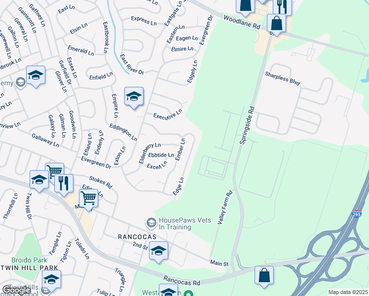 map of restaurants, bars, coffee shops, grocery stores, and more near 64 Ember Lane in Willingboro