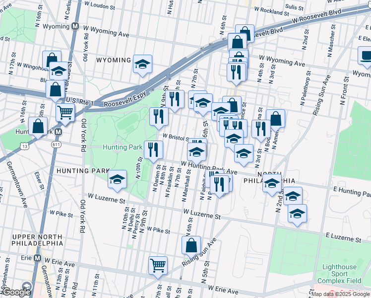 map of restaurants, bars, coffee shops, grocery stores, and more near 632 West Bristol Street in Philadelphia