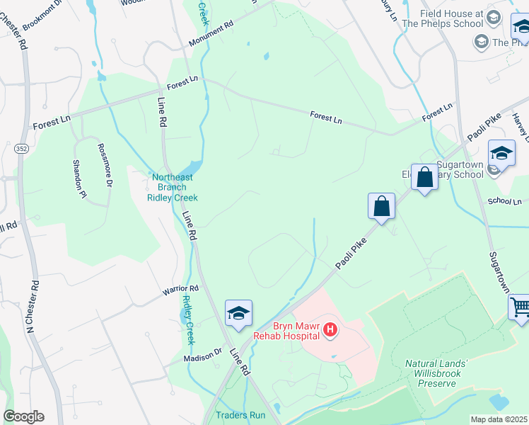 map of restaurants, bars, coffee shops, grocery stores, and more near 10 Indian Way in Malvern