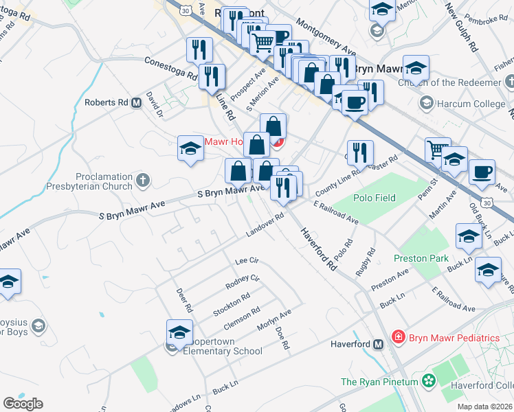map of restaurants, bars, coffee shops, grocery stores, and more near 221 Brook Street in Bryn Mawr