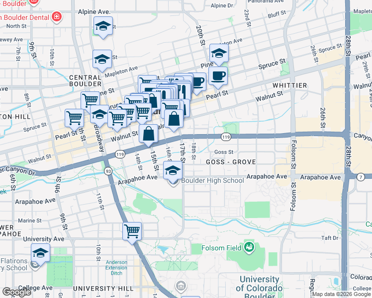 map of restaurants, bars, coffee shops, grocery stores, and more near 1700 17th Street in Boulder