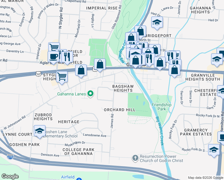 map of restaurants, bars, coffee shops, grocery stores, and more near 123 Creekside Green Drive in Gahanna