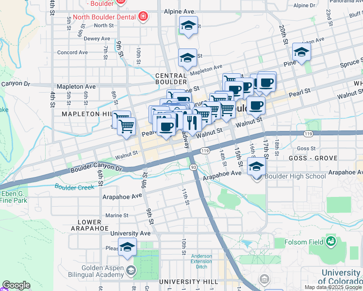 map of restaurants, bars, coffee shops, grocery stores, and more near 1877 Broadway in Boulder