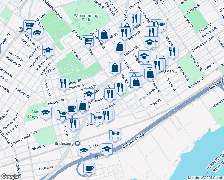 map of restaurants, bars, coffee shops, grocery stores, and more near 2041 Anchor Street in Philadelphia