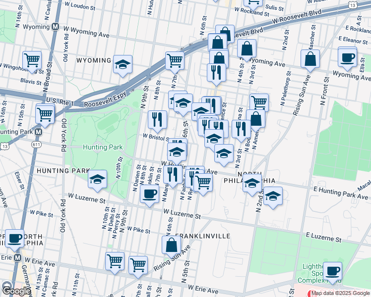 map of restaurants, bars, coffee shops, grocery stores, and more near 4303 North 6th Street in Philadelphia