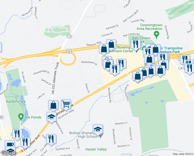 map of restaurants, bars, coffee shops, grocery stores, and more near 120 Azalea Drive in Downingtown