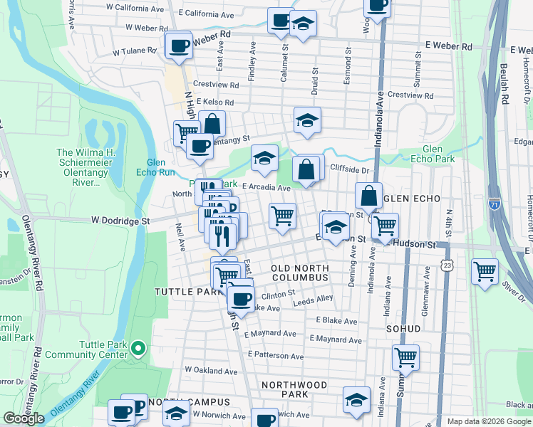 map of restaurants, bars, coffee shops, grocery stores, and more near 2640 Findley Avenue in Columbus