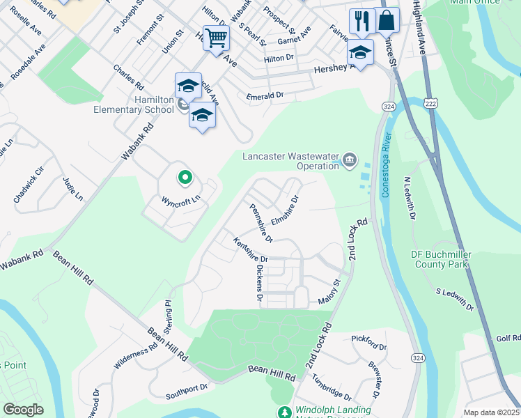 map of restaurants, bars, coffee shops, grocery stores, and more near 117 Pennshire Drive in Lancaster