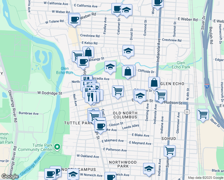map of restaurants, bars, coffee shops, grocery stores, and more near 2664 Findley Avenue in Columbus