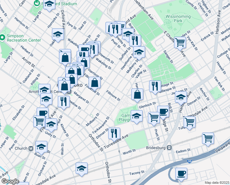 map of restaurants, bars, coffee shops, grocery stores, and more near 1724 Harrison Street in Philadelphia