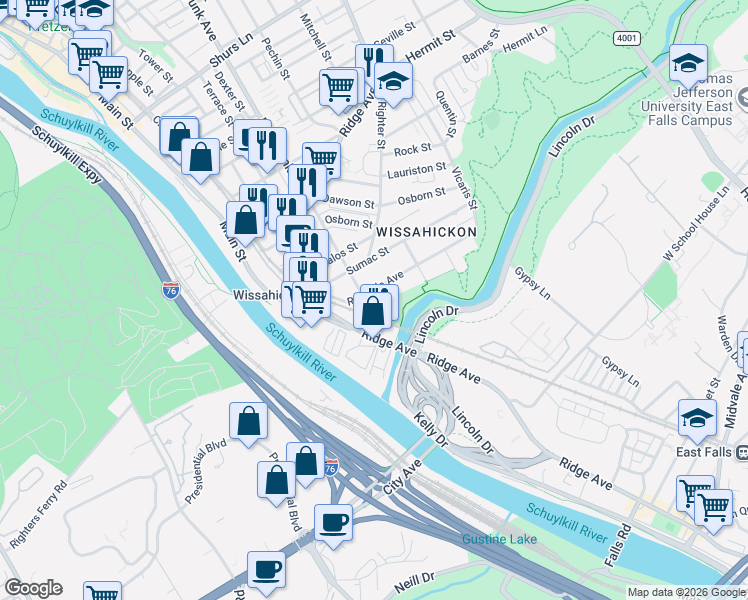 map of restaurants, bars, coffee shops, grocery stores, and more near 101 Rochelle Avenue in Philadelphia