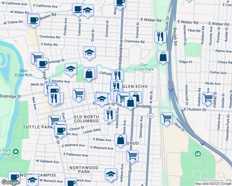 map of restaurants, bars, coffee shops, grocery stores, and more near 362 East Duncan Street in Columbus