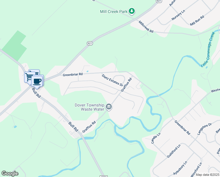 map of restaurants, bars, coffee shops, grocery stores, and more near 332 Waldorf Drive in York