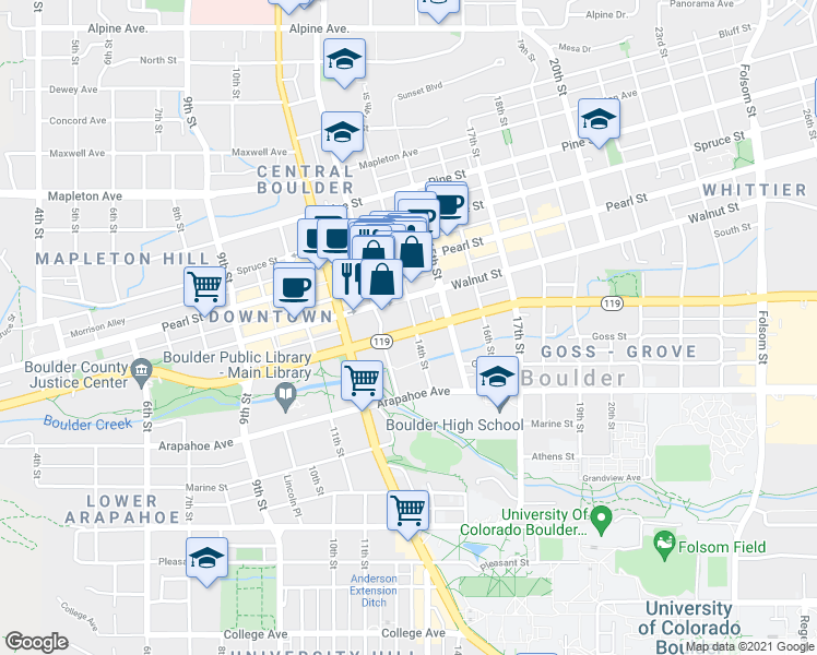 map of restaurants, bars, coffee shops, grocery stores, and more near 1301 Canyon Boulevard in Boulder
