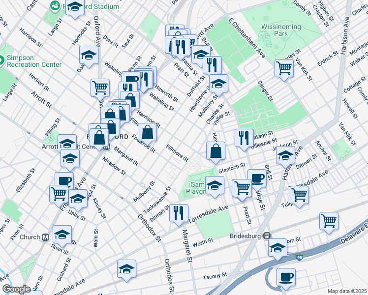 map of restaurants, bars, coffee shops, grocery stores, and more near 1810 Harrison Street in Philadelphia