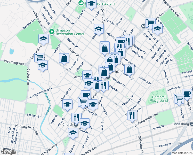 map of restaurants, bars, coffee shops, grocery stores, and more near 4653 Penn Street in Philadelphia