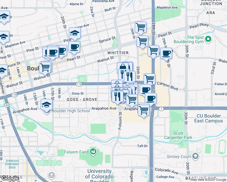 map of restaurants, bars, coffee shops, grocery stores, and more near 2336 Canyon Boulevard in Boulder