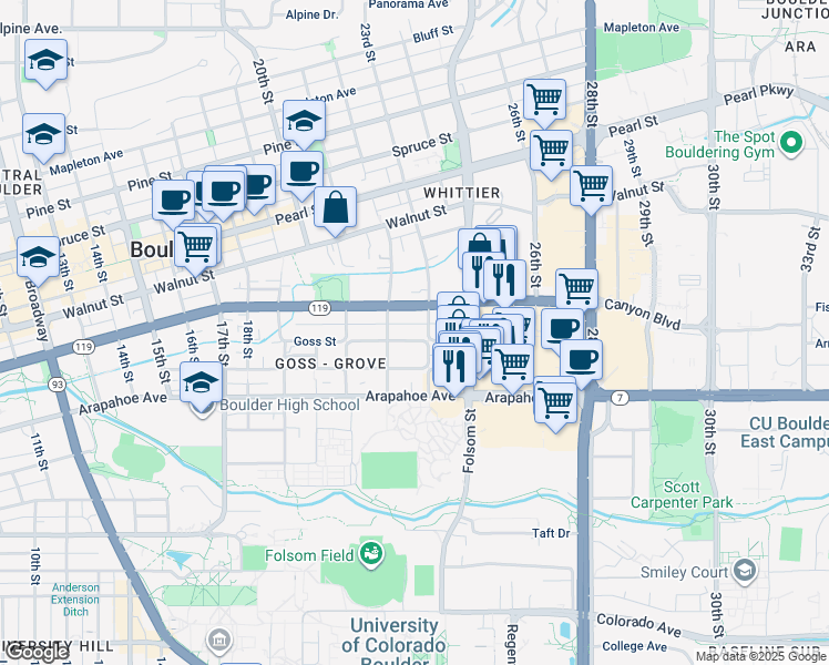 map of restaurants, bars, coffee shops, grocery stores, and more near 2228 Canyon Boulevard in Boulder