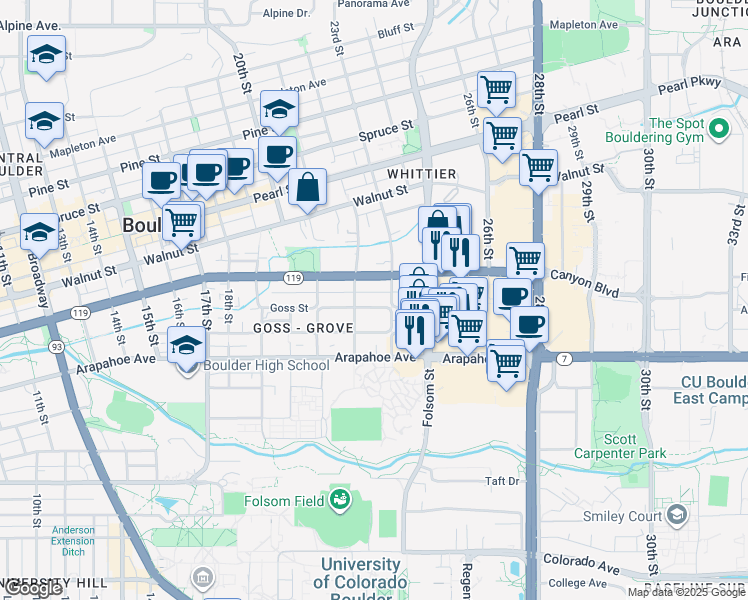 map of restaurants, bars, coffee shops, grocery stores, and more near 2228 Canyon Boulevard in Boulder